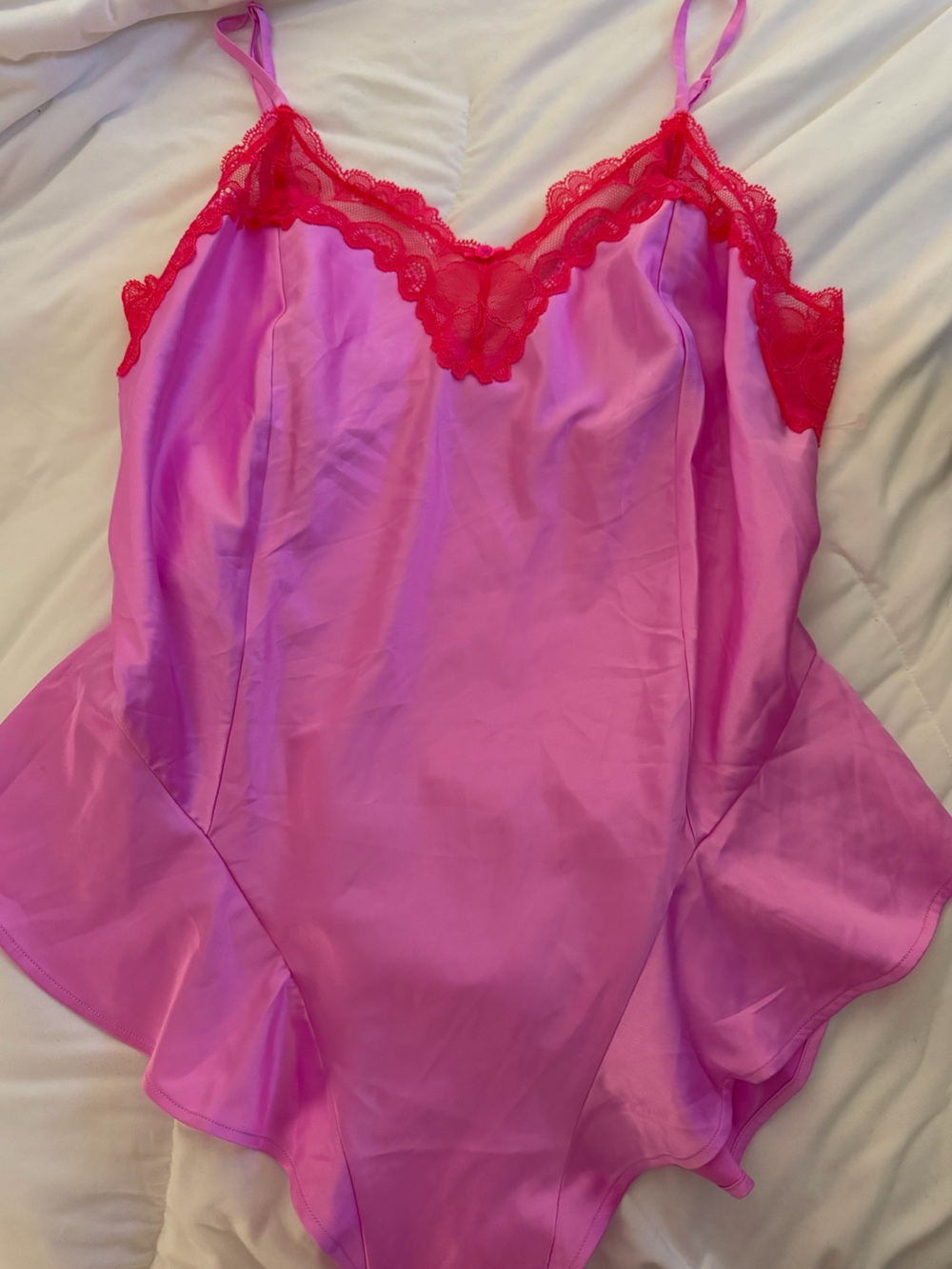SKIMS Hot Pink Chemise with Red Lace Trim